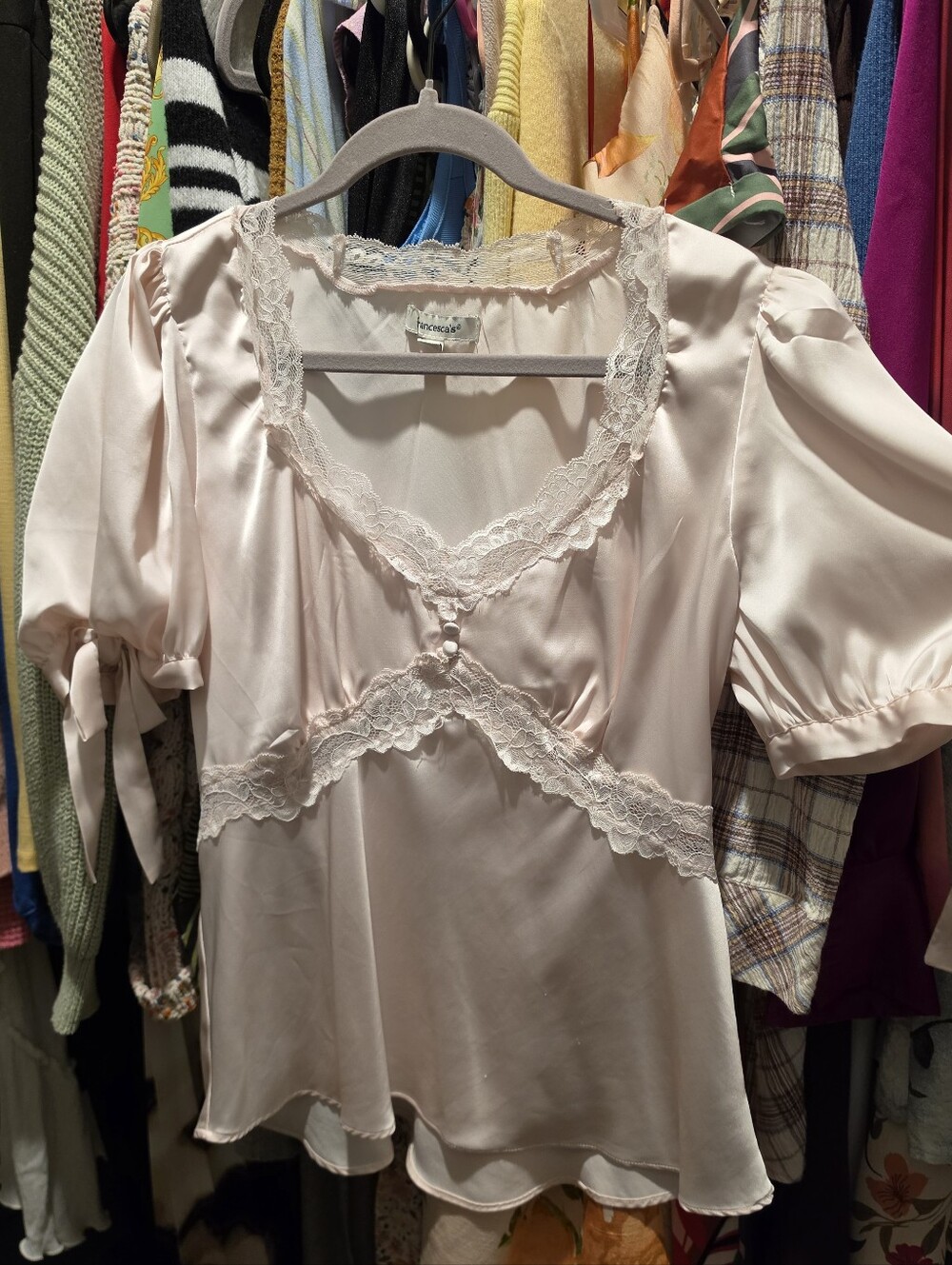 Francesca's Collections Pale Pink Satin Lace-Trim Blouse